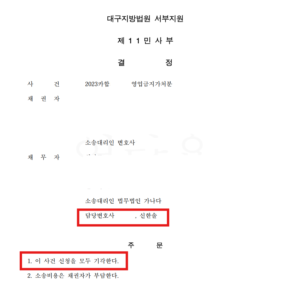 동업자 영업금지가처분 신청 전부 기각 결정문 일부